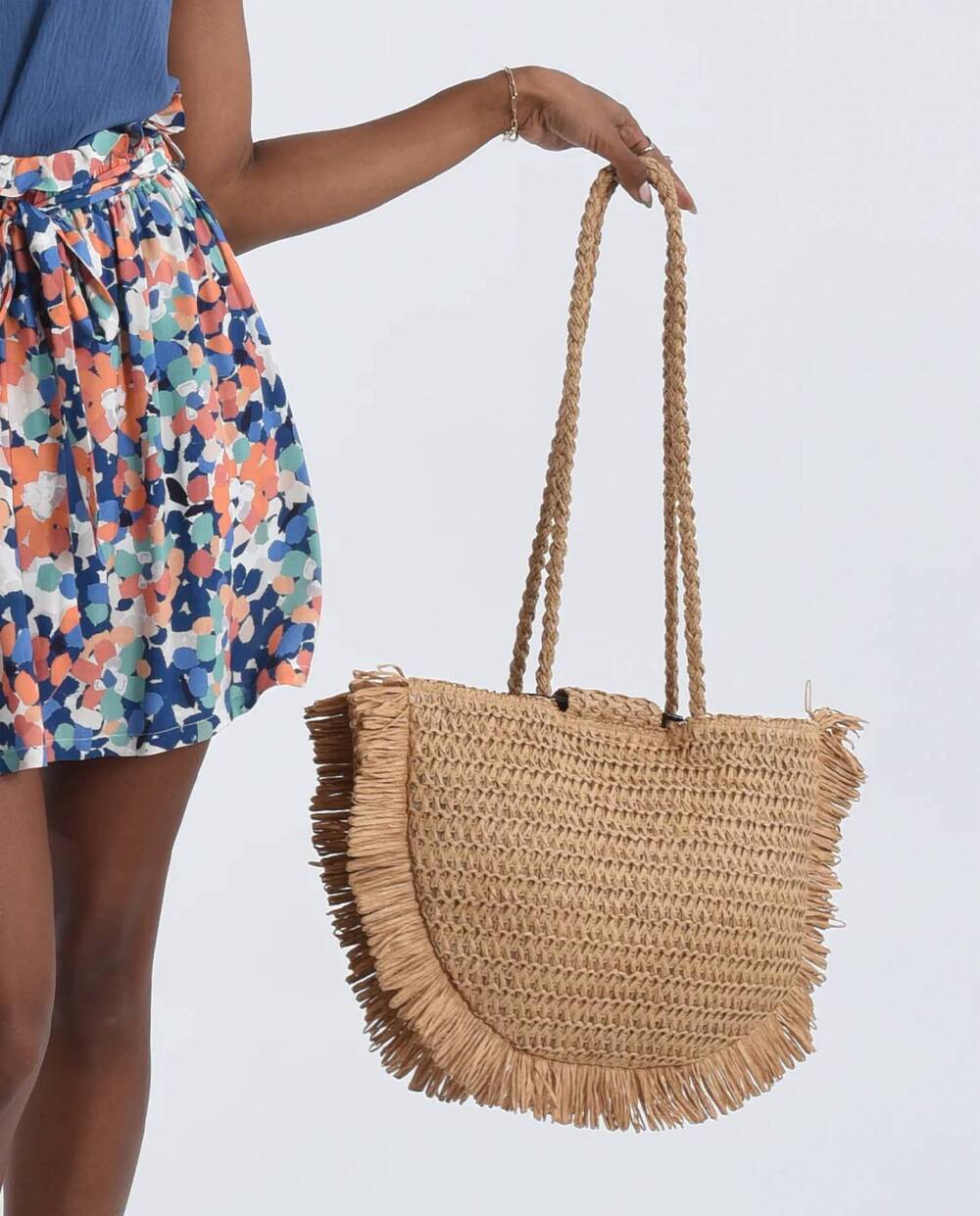 NEW MOLLY BRACKEN women's fringed woven canvas tote bag in beige